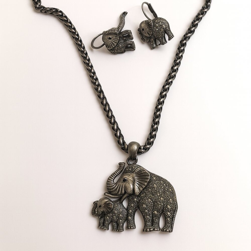 Vintage Gunmetal Silver Rhinestone Elephant‎ Necklace and Earring Set Signed "X"